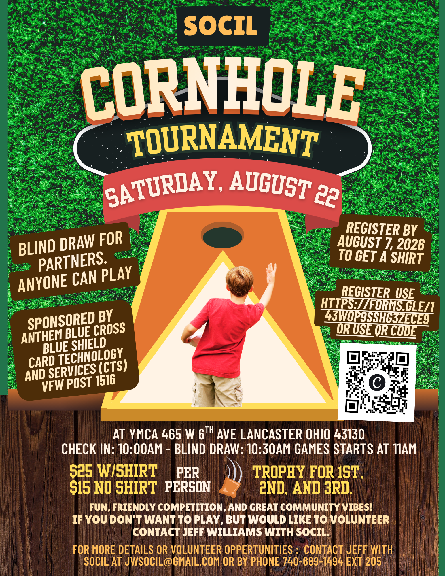 SOCIL Cornhole Tournament flyer: Saturday, August 22, 2026 at the YMCA, 465 W 6th Ave, Lancaster, Ohio. Blind draw for partners, anyone can play. Check-in 10 AM, blind draw 10:30 AM, games start 11 AM. 25 dollars with shirt or 15 dollars no shirt per person. Trophies for first, second and third place. Register by August 7, 2026 to get a shirt. Sponsored by Anthem Blue Cross Blue Shield, Card Technology and Services (CTS) and VFW Post 1516.
