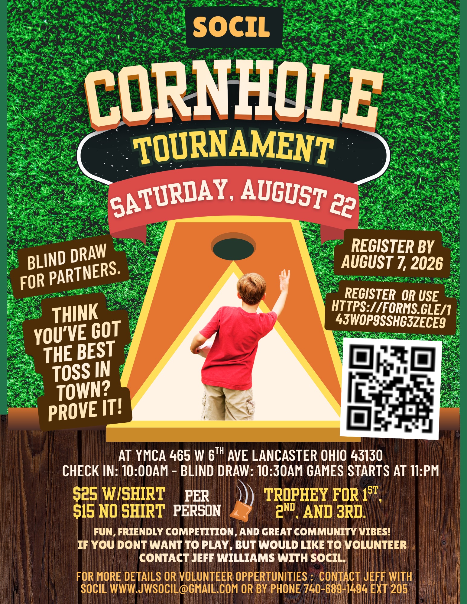 SOCIL Cornhole Tournament flyer: Saturday, August 22, 2026 at the YMCA, 465 W 6th Ave, Lancaster, Ohio. Blind draw for partners, check-in 10 AM, blind draw 10:30 AM, games start 11 AM. 25 dollars with shirt or 15 dollars no shirt per person. Trophies for first, second and third place. Register by August 7, 2026.