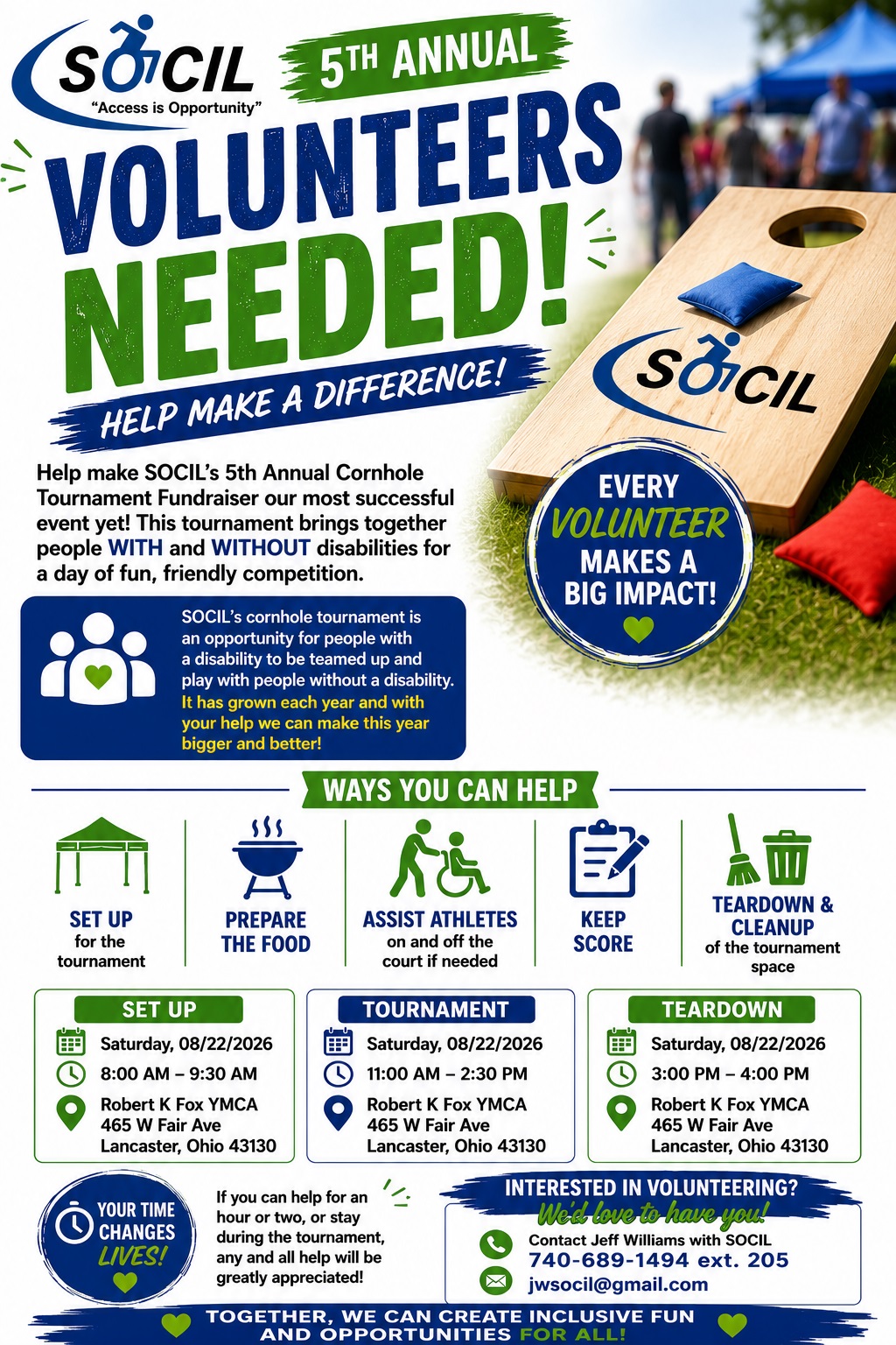 Volunteers Needed flyer for SOCIL’s 5th Annual Cornhole Tournament on Saturday, August 22, 2026 at Robert K. Fox YMCA in Lancaster. Ways to help: set up, prepare the food, assist athletes on and off the court, keep score, and teardown and cleanup.