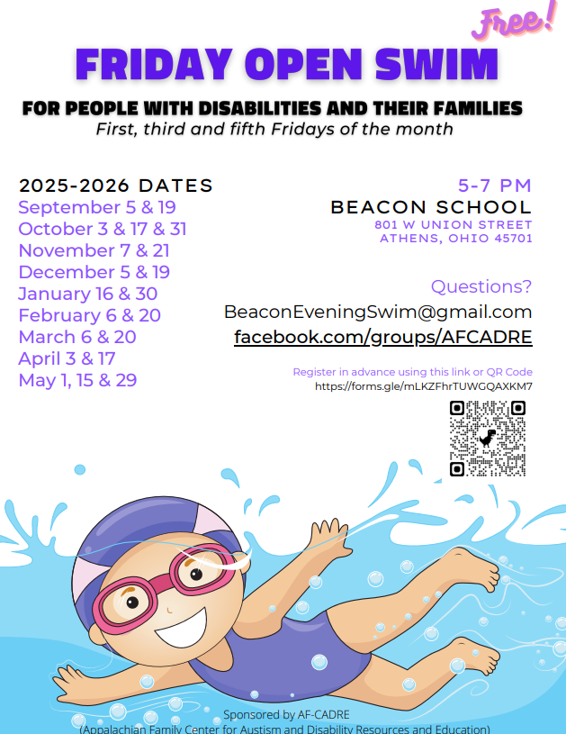 Friday Open Swim flyer: free open swim for people with disabilities and their families on the first, third and fifth Fridays of the month, 5 to 7 PM at Beacon School in Athens.