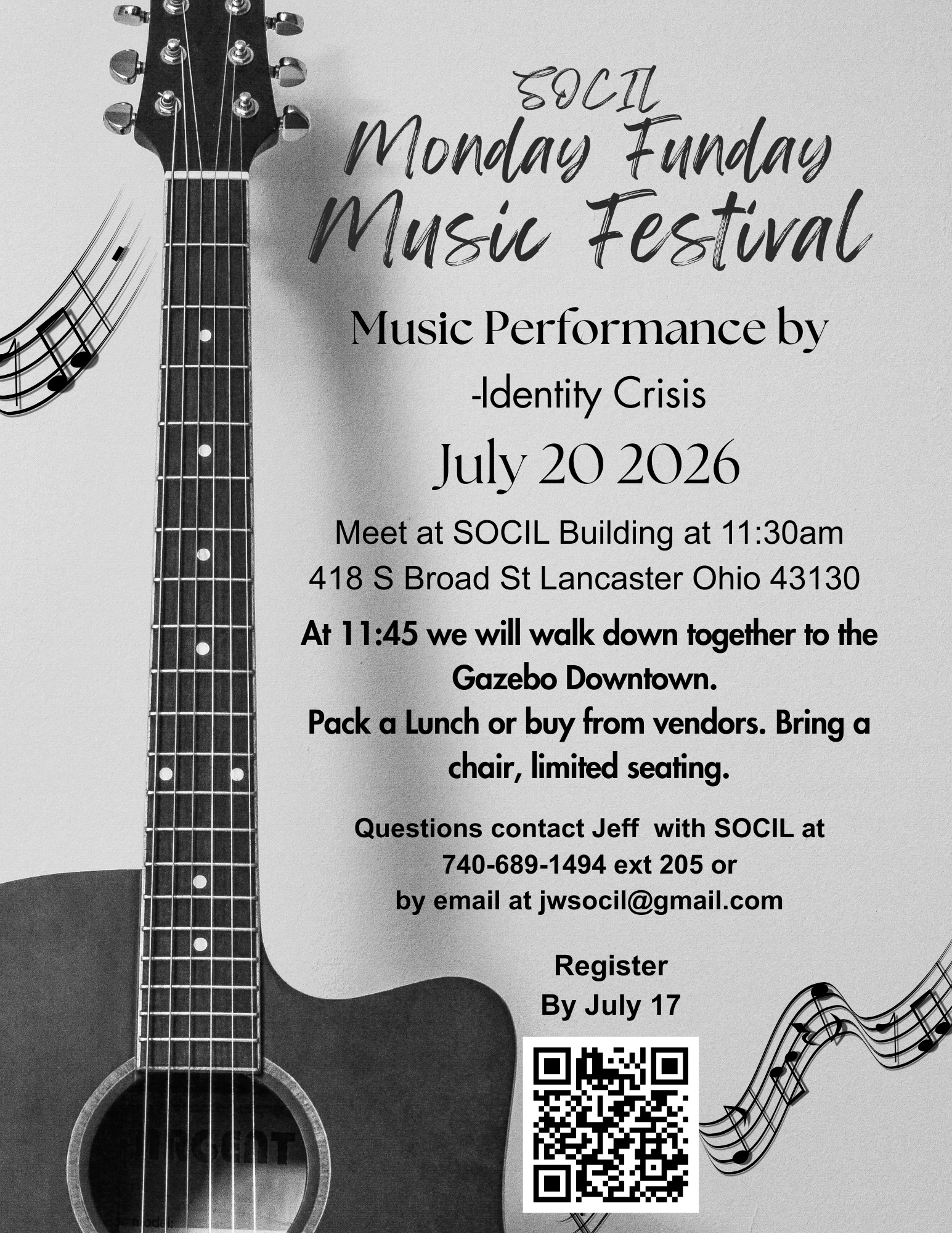 Monday Funday Music Festival flyer: music performance by Identity Crisis on July 20, 2026 in downtown Lancaster.